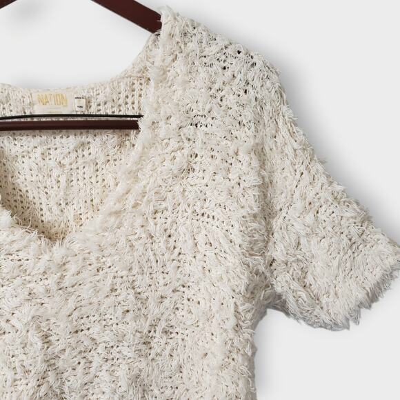 Nation Ltd. Shaggy Fuzzy Short Sleeve V-Neck Teddy Sweater Tee Cream Sz Small - Picture 2 of 12